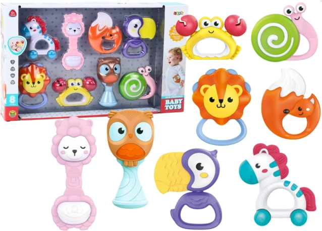 Set rammelaars en bijtringen voor baby’s – diertjes, 8 stuks