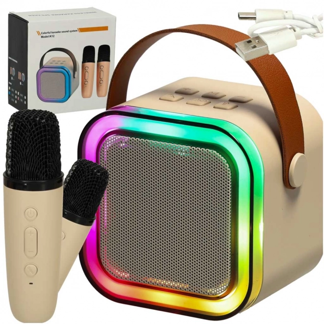 Karaoke set 2 microfoons + draagbare luidspreker BLUETOOTH USB LED beige kleur