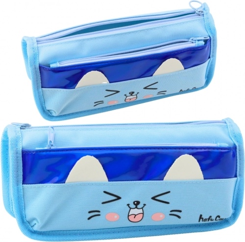 Dubbelvaks etui met kattenmotief blauw 22 cm