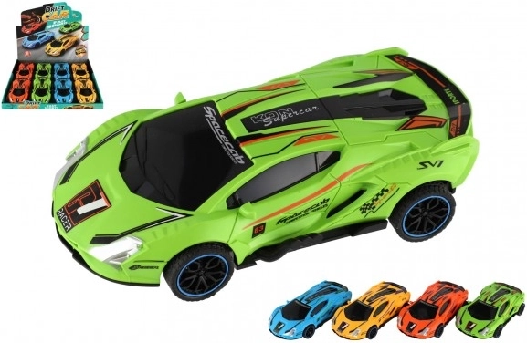 Kunststof driftautootje met vliegwiel 16 cm – set van 4 kleuren, 8 stuks in box