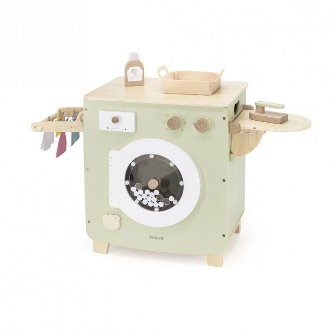 Houten wasmachine met plank, droger en accessoires