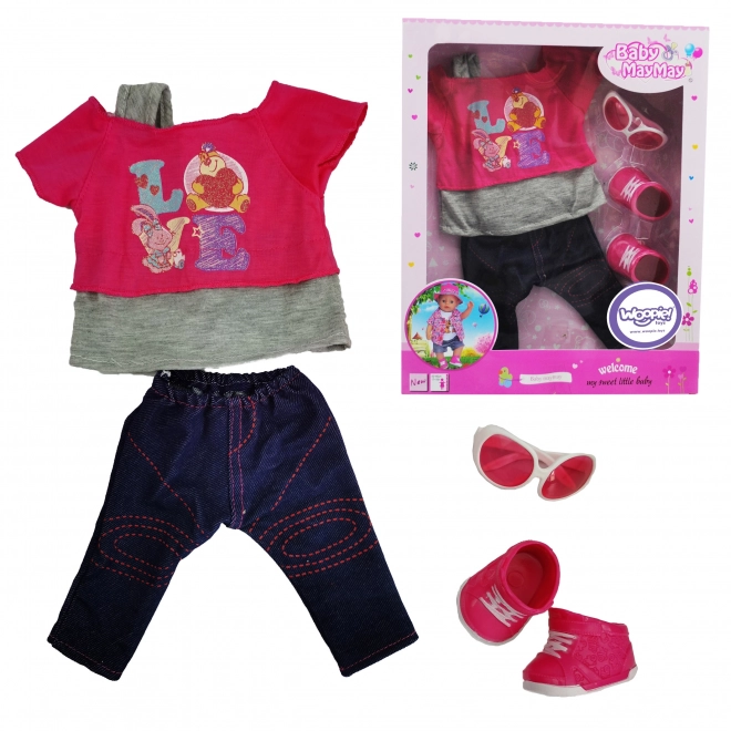 Stijlvolle kleding voor pop LOVE met bril en schoentjes 43-46 cm