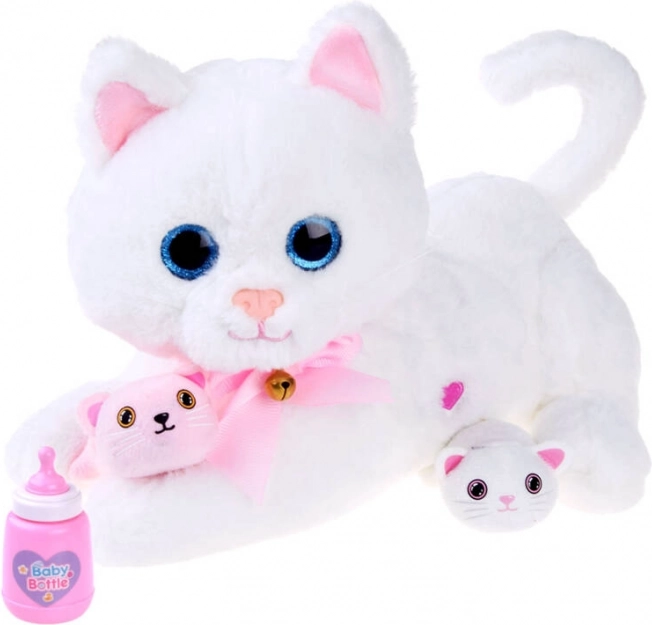 Interactieve pluchen kat met kittens en flesje – Wit