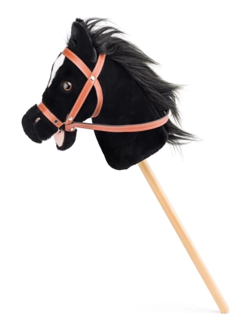 Hobby paard Baron, zwart pluche paard op stok met geluiden