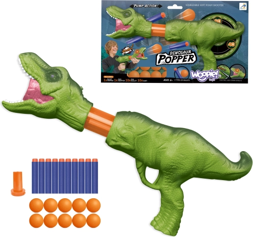Woopie dinosaurusblaster met foam balletjes en pijltjes, met licht en geluid, set van 22 stuks