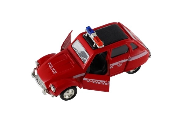 Retro politieauto 11cm metaal/plastic, zelfopwindend met licht op batterijen, 4 soorten