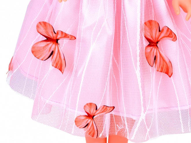 Mooie pop 36 cm in roze baljurk met vlinders lange haren ZA5236