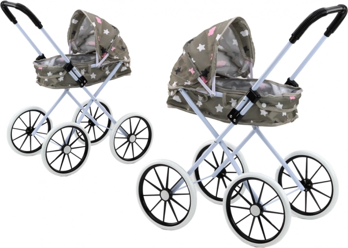 Poppenwagen met grote wielen en inklapbare kap - grijs met sterretjes en wolkjes