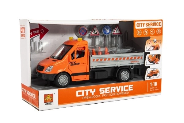 Auto wegonderhoud plastic 25cm met traagheidsmotor op batterijen met geluid en licht in doos 32x19x12cm
