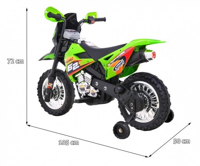 Elektrische crossmotor voor kinderen op accu – groen, met zijwieltjes en LED-verlichting