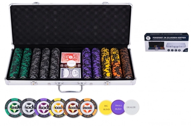Pokerset in een zilverkleurige koffer met hoge denominaties