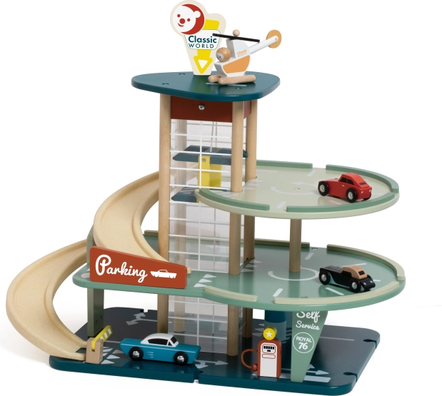 houten parkeergarage met meerdere verdiepingen met lift en helikopter classic world