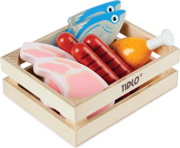 Tidlo houten kist met vlees en vis