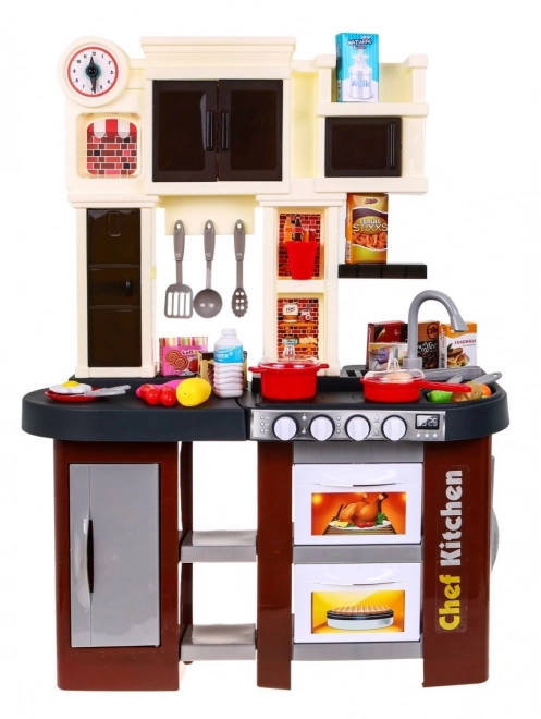 Interactieve bruine keuken + branders met geluid en licht + kraan + accessoires - 58 onderdelen