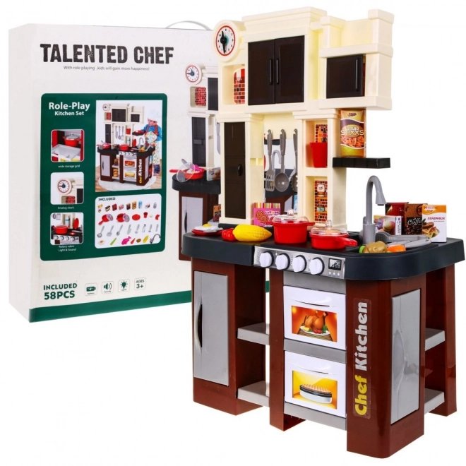 Interactieve bruine keuken + branders met geluid en licht + kraan + accessoires - 58 onderdelen
