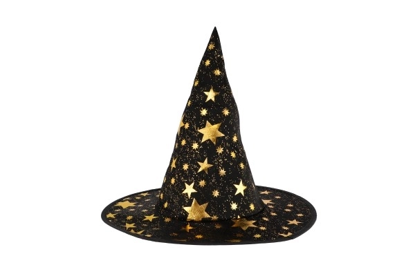 Heksenhoed + mantel voor kinderen diameter 38cm zwart-goud in zakje carnaval