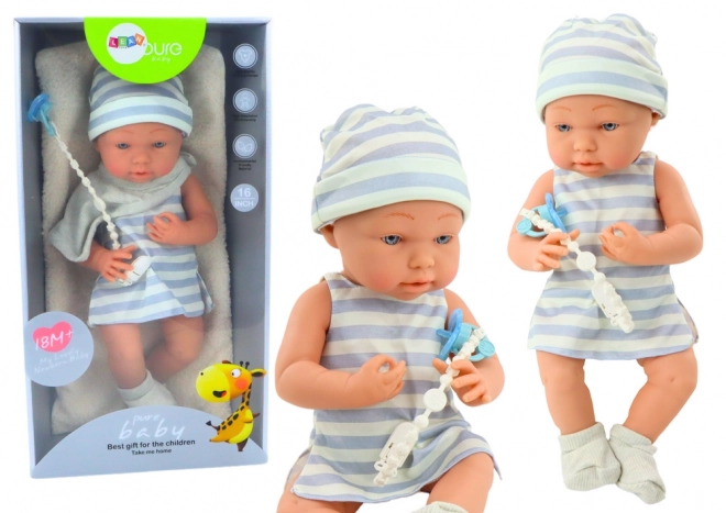 Pop Baby in Wit-Blauw Outfit met Muts en Speen