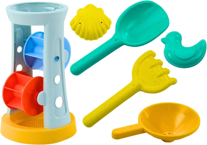 set strandspeelgoed met molentje, schep, hark en vormpjes