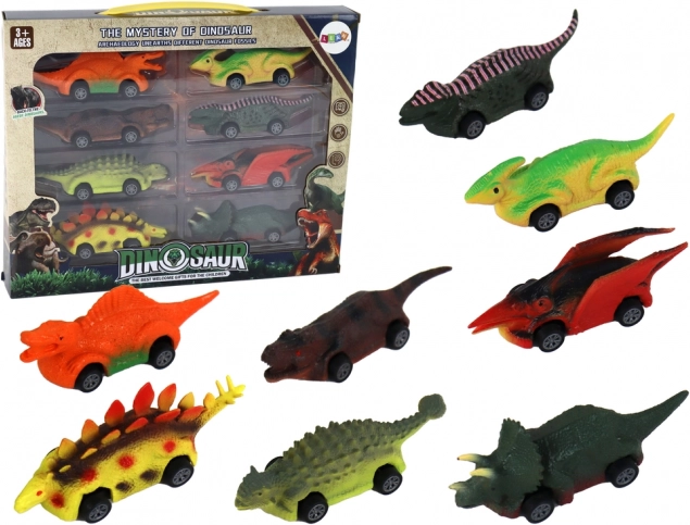 Kleurige autootjes in dinosaurusvorm - set van 8 stuks