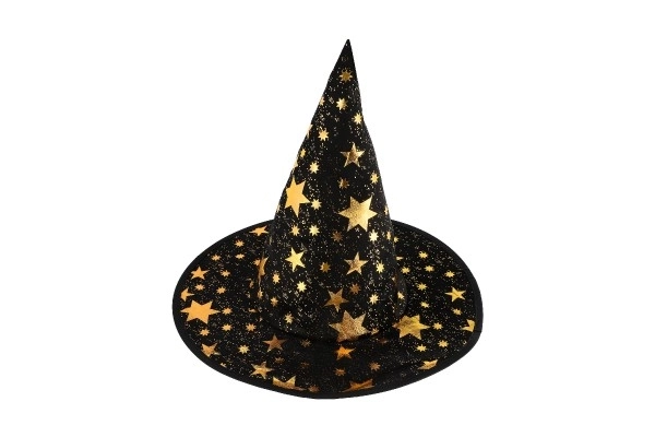 Heksenhoed + mantel voor kinderen diameter 38cm zwart-goud in zakje carnaval