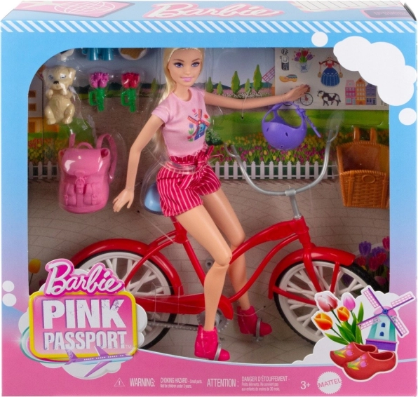 Barbie op de fiets met puppy – reisset Roze paspoort