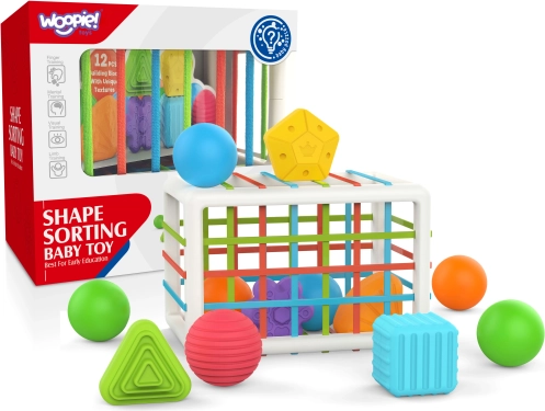 Woopie Baby elastische sensorische sorteerblok kubus voor kinderen kleurrijke vormen