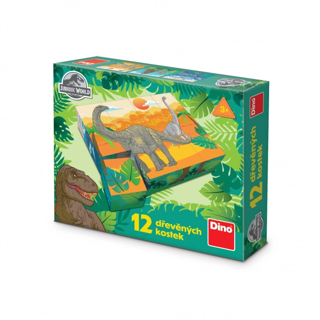 Blokjes kubus Jurassic wereld hout 12 stuks in doosje 22x18x4cm