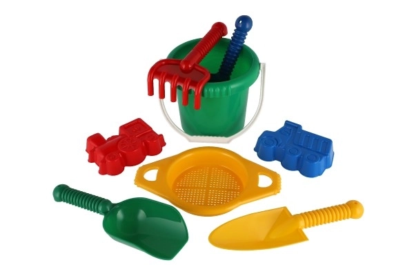Emmer met zeef, schep, handelsschep en harkjes van plastic in netje 20x28x12cm 12m+