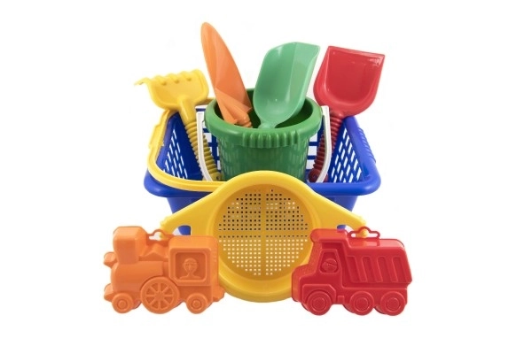 Mand set - 2 zandvormpjes schepje harkje zeefje emmer winkelmandje plastic 12m+