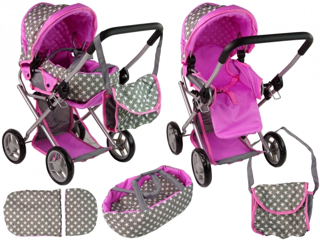 Roze en grijze poppenwagen met sterretjes