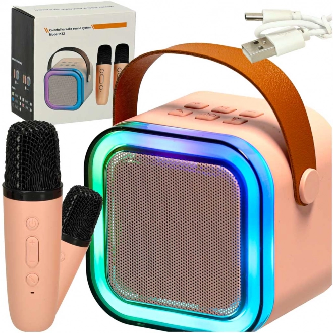 Karaoke set 2 microfoons + draagbare luidspreker BLUETOOTH USB LED roze