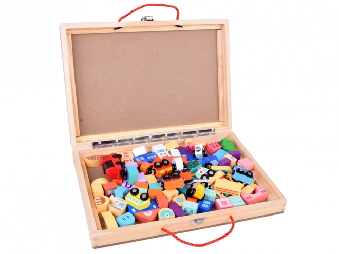 Houten treinset stad met koffer