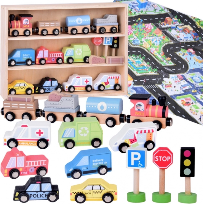 Set houten auto’s met verkeersborden en speelmat