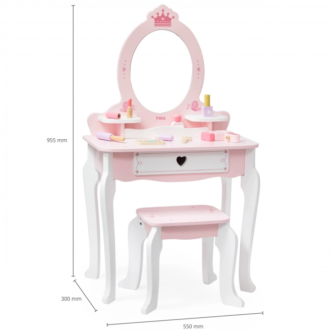 Houten kaptafel en kruk Viga wit en roze met spiegel
