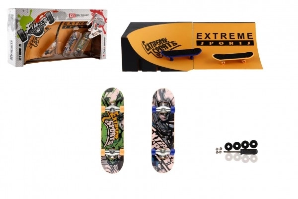 Vinger skateboard schroefbare 2st kunststof 10cm met ramp en accessoires 2 kleuren in doos 35x9x18cm