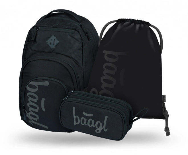 baagl set met drie zwarte items: rugzak, etui en zak