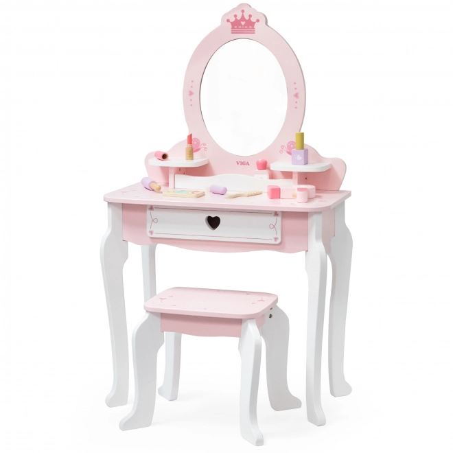 Houten kaptafel en kruk Viga wit en roze met spiegel
