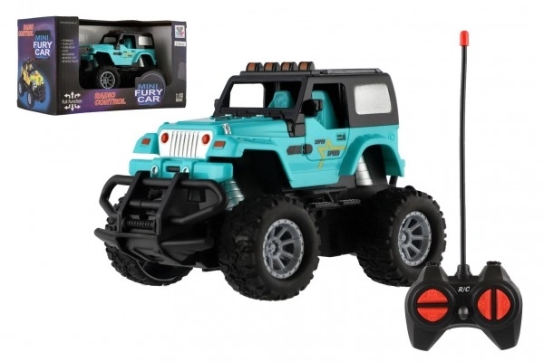RC Auto terrein 14cm kunststof 27MHz op batterijen met licht in doos 20x11x10cm – Turkoois