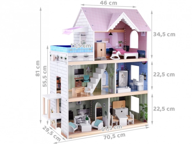 Houten poppenhuis met zwembad en LED-verlichting
