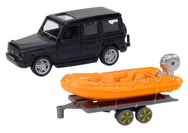 Terreinwagen zwart met aanhanger Boot Oranje