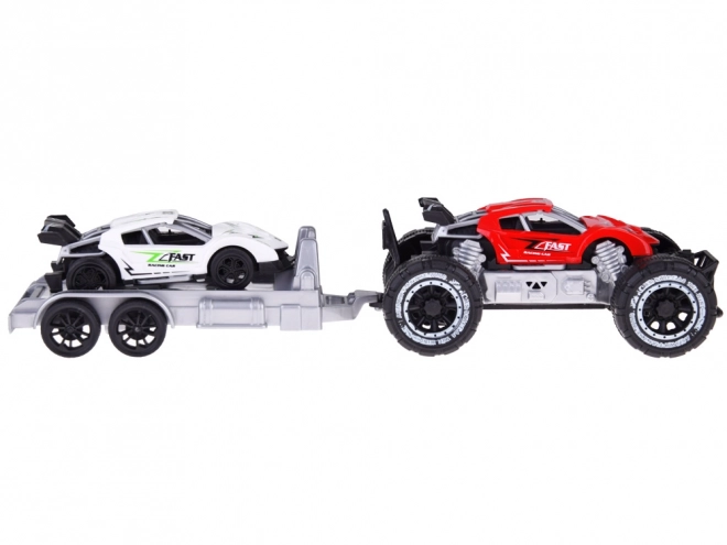 Terreinwagen met aanhanger en sportwagen