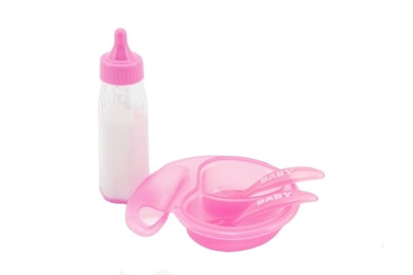 Poppen set plastic flesje, kommetje met bestek op kaart 19x22x4cm
