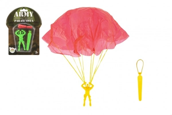 Parachutist figuur met parachute vliegend 9cm 2 kleuren op kaart