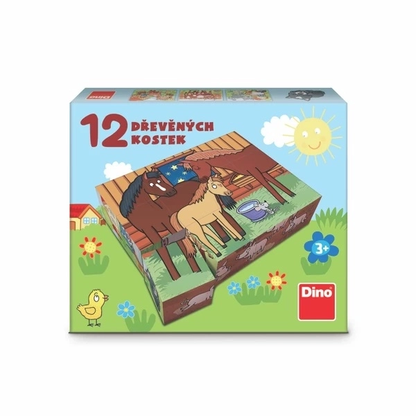 Blokken kubussen huisdieren hout 12st in doosje 21x18x4cm