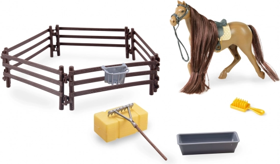 Bruin paard met accessoires en omheining 14 cm
