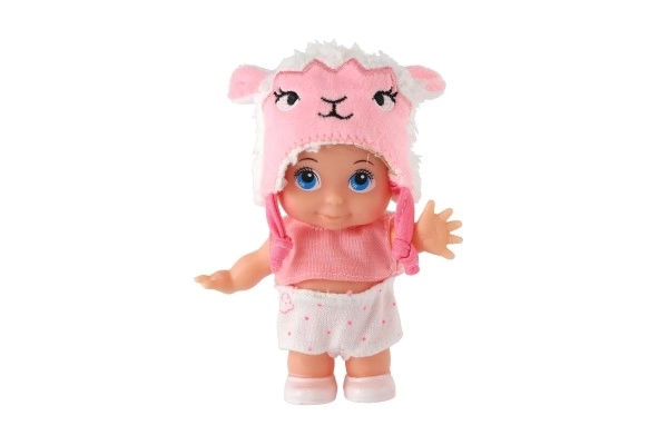 Poppenbaby met muts kunststof stevig lichaam 15cm 4 soorten in doosje 9x16x6cm