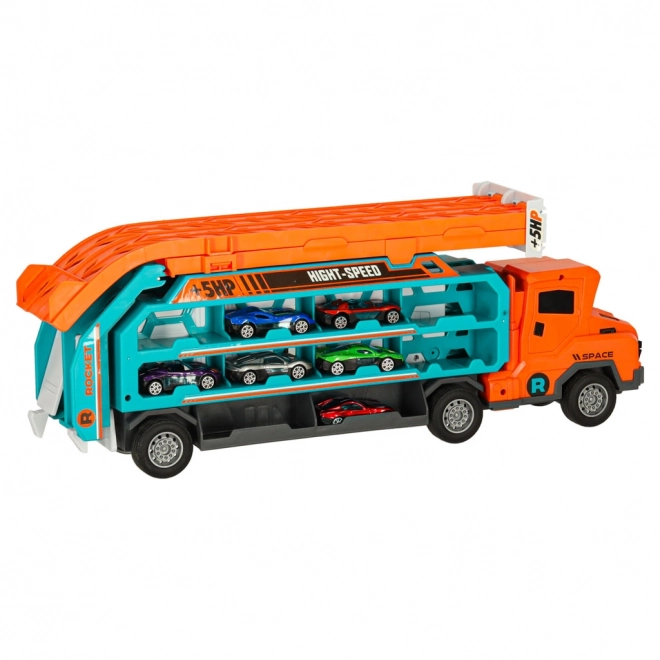 Racebaan met takelwagen en transporter 6 delen - oranje