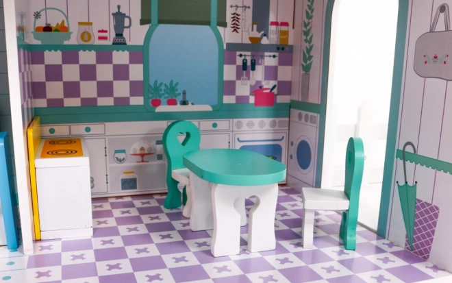 Houten poppenhuis Roze voor kinderen 3+ met uitrusting en meubels