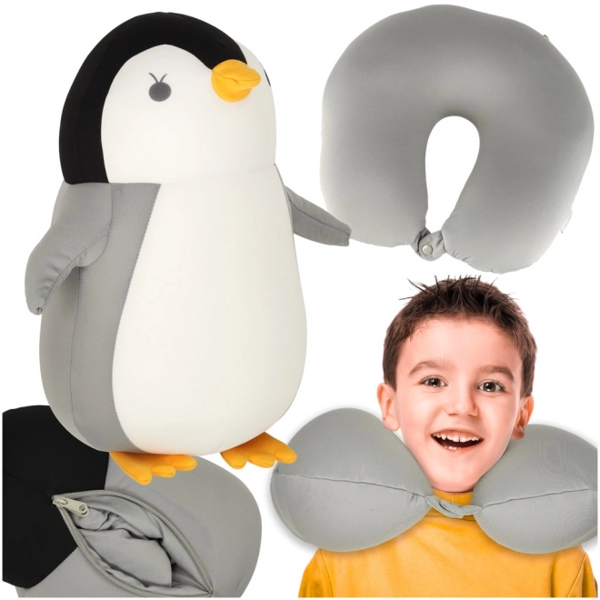 Reiskussen 2-in-1 in de vorm van een croissant en pluche pinguïn