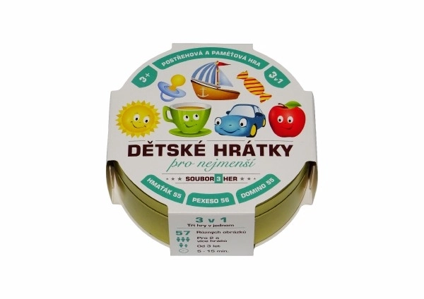 Kinderspelletjes voor de kleintjes 3-in-1 gezelschapsspel in een metalen doosje